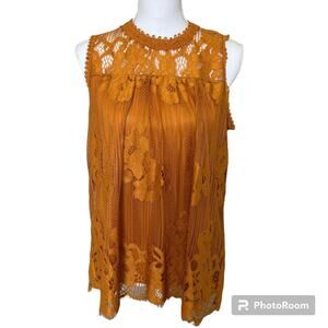 Paper & Tee Tank Top Large Mustard Gold Lace Overlay Cottagecore Boho